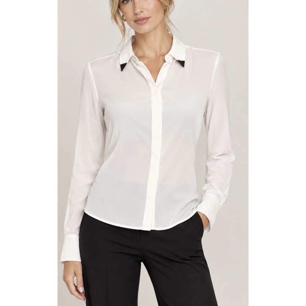 A.L.C. Women's White Button Front Blouse Long Sleeve Contrast Collar Silk Sz XS